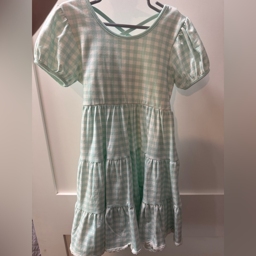 Green and White Ruffled Tiered Sundress with Puff Sleeves